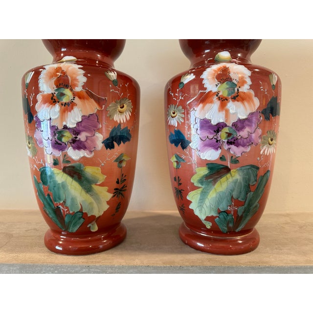 Victorian Pair of Large Bristol Milk Glass Victorian Floral Hand Painted Vases For Sale - Image 3 of 14