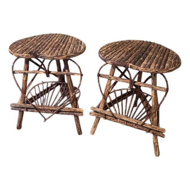 Late 20th Century 2 Heart-Shaped Adirondack Bentwood End Tables For Sale