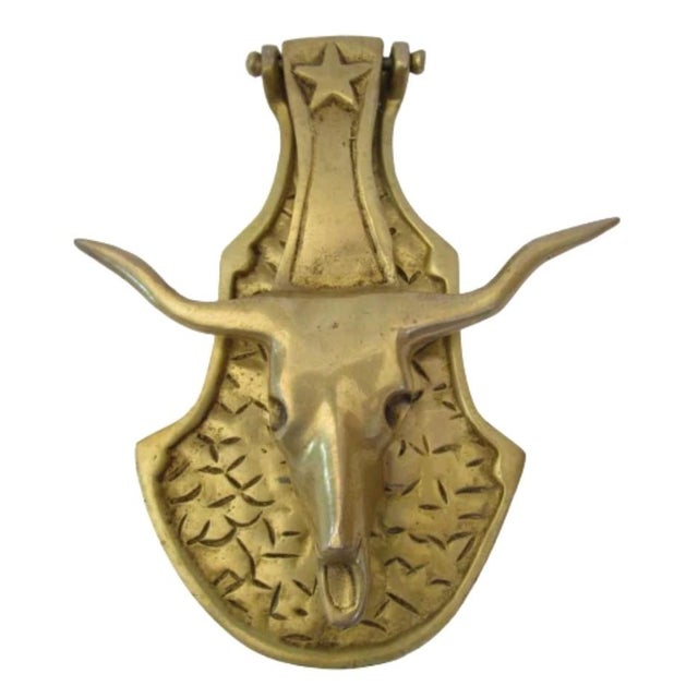 Mid 20th Century Solid Brass Vintage Longhorned Steer Door Knocker For Sale - Image 5 of 5