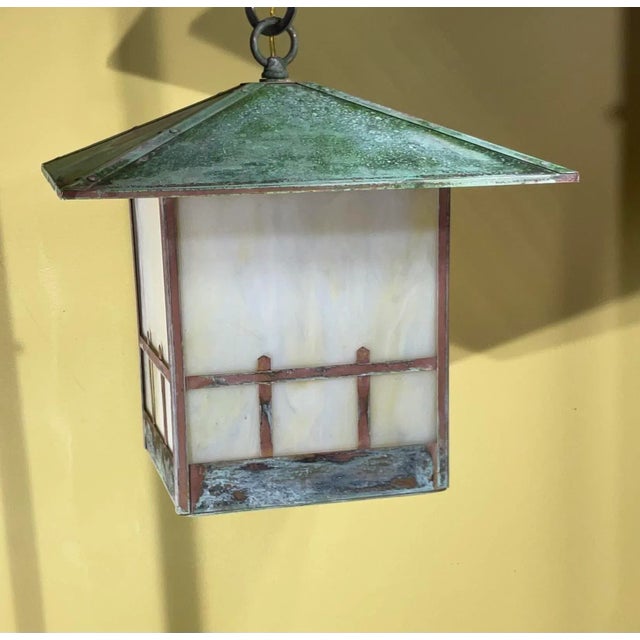 Single Arts & Crafts Brass Lantern Pendant Light With Art Glass For Sale - Image 10 of 12