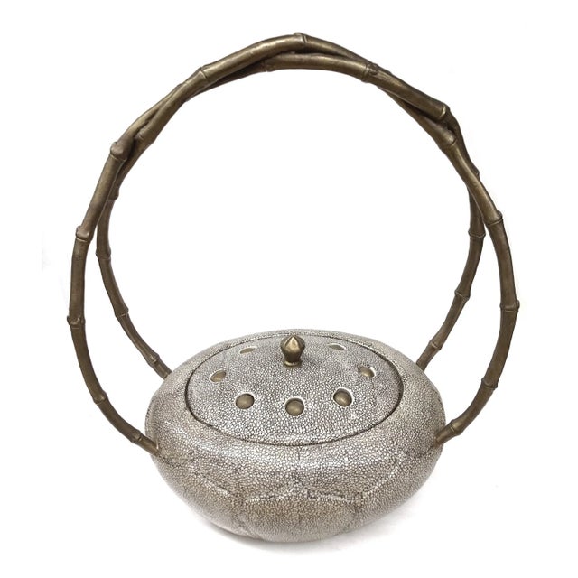 Ceramic Lidded Bowl with Brass & Bamboo Handles For Sale