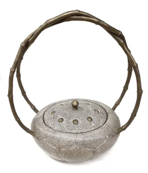 Ceramic Lidded Bowl with Brass & Bamboo Handles
