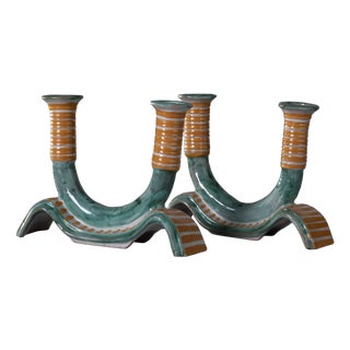 Cantagalli Ceramic Candleholders from Ics Vietri, Italy, Late 1930s, Set of 2 For Sale