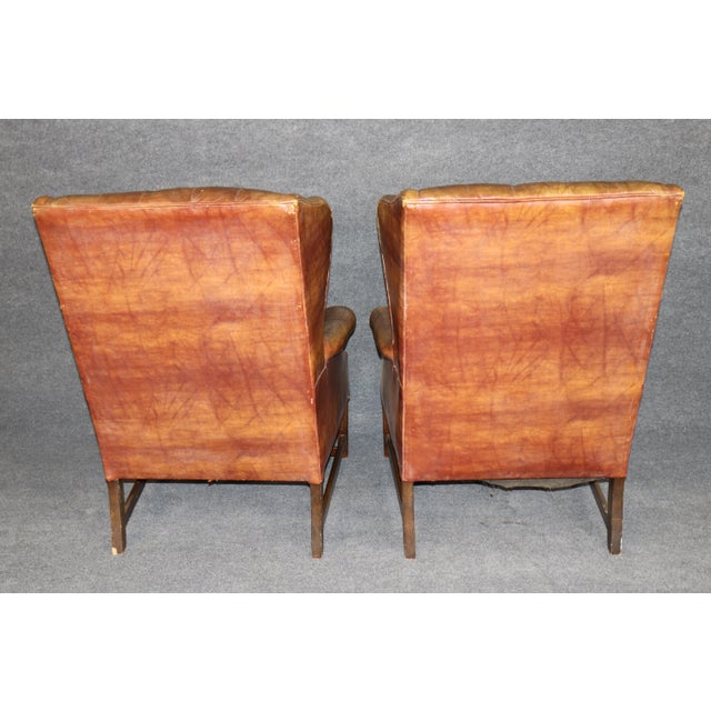 Traditional Pair Antique Georgian Leather Chesterfield Style Tufted Wingback Chairs For Sale - Image 3 of 8