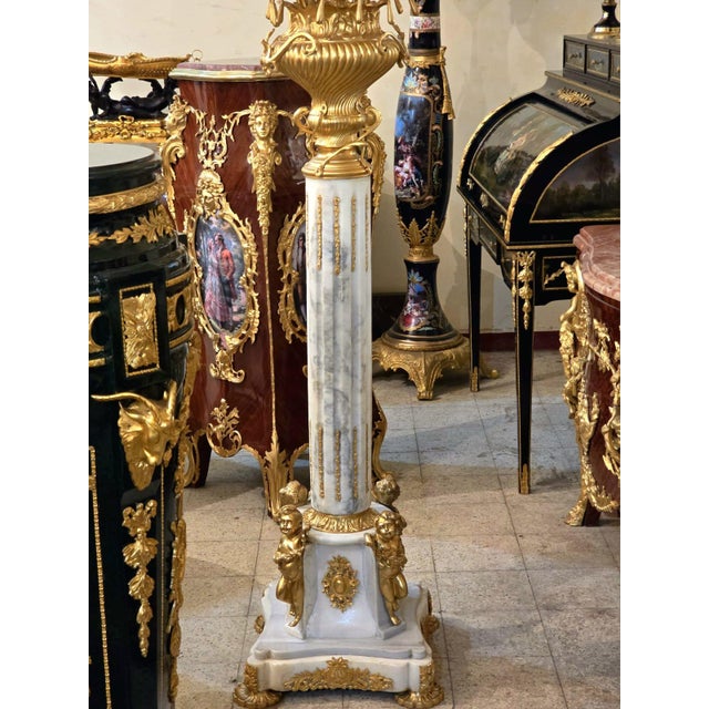 Louis XVI Style Pedestal Candelabra With Gold Leaf Floral Details & Gilded Bronze Accents For Sale - Image 4 of 5