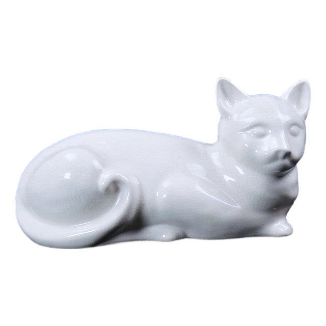Art Deco Style Craquele White Ceramic Cat For Sale