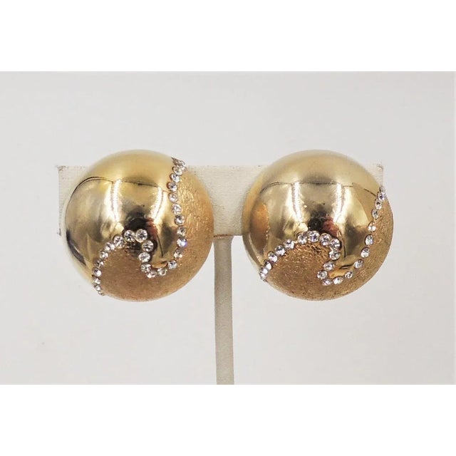 Vintage 1980s Signed Bijoux Cascio Domed Goldtone & Rhinestone Earrings - 2 Pieces For Sale - Image 9 of 10