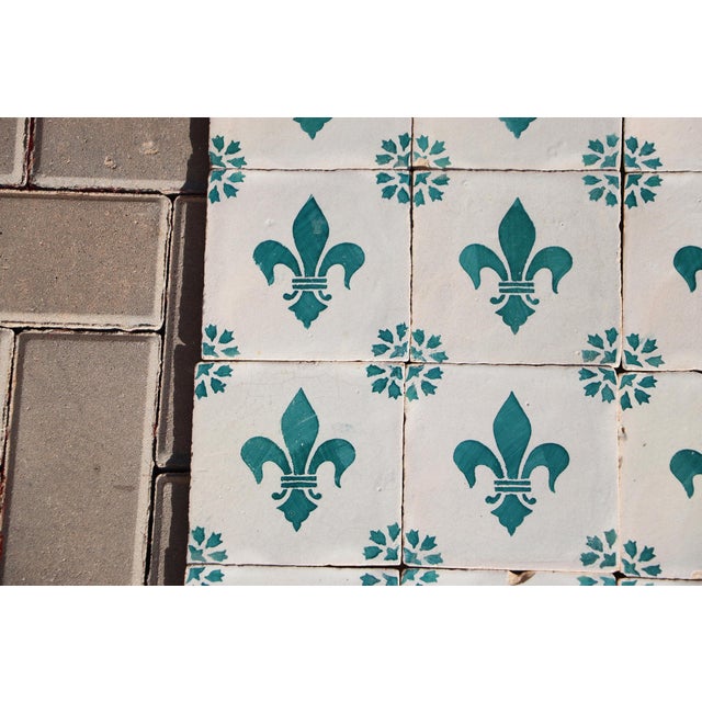 Antique 19th Century Portuguese Heraldic Motif Tiles With Teal Fleur-De-Lis Set of 28 For Sale - Image 10 of 14