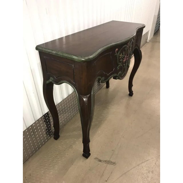 French Carved Dark Wood Entry Console With Hand Painted Flowers / Brown With Green Border and Pink Flowers / Transitional Decor For Sale - Image 3 of 5