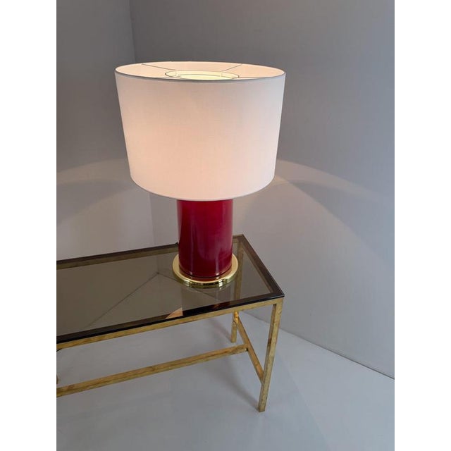 Italian Ruby Red Glazed Ceramic and Brass Twin Table Lamps, 1970s, Set of 2 For Sale - Image 9 of 18