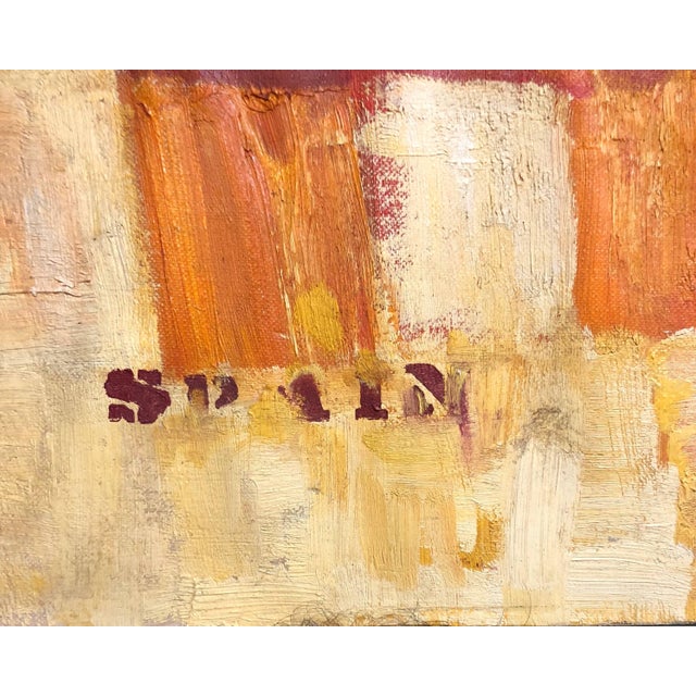 Mid 20th Century Abstract Orange Squares on Yellow "Spain" Stencilled Letters Mod Oil Painting For Sale - Image 5 of 6