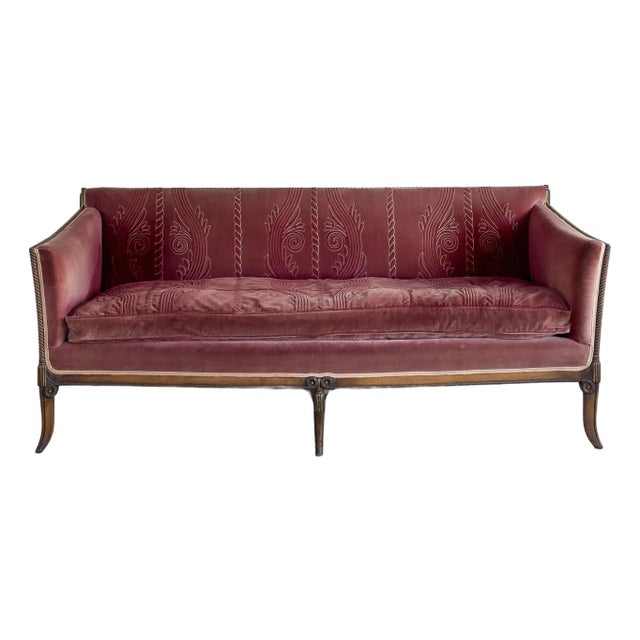 Antique Rose Velvet Hand-Carved Sofa For Sale