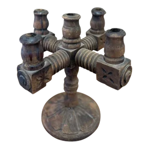 Vintage Primitive Wood Carved Candelabra. Circa 1970s.