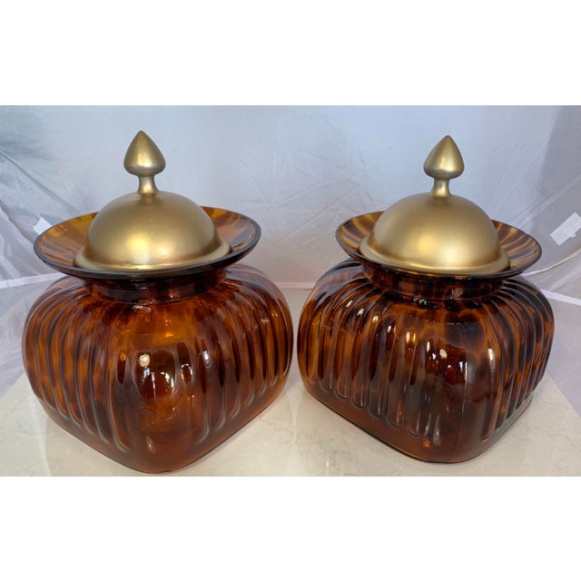 Vintage Fluted Amber Tortoise Pattern Glass and Pewter Lid Canister