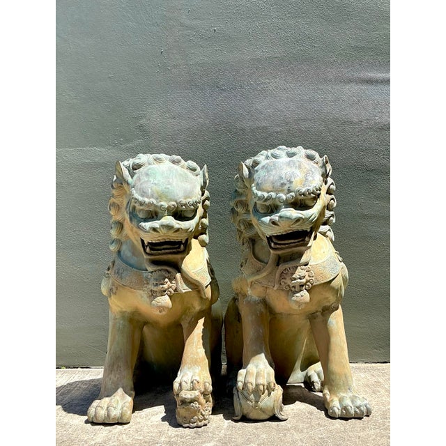 Vintage Monumental Bronze Foo Lions - A Pair For Sale - Image 10 of 12