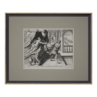 17th C Antique Flemish Engraving “Joseph and Potiphar’s Wife” Pieter De Jode Framed Wall Art For Sale