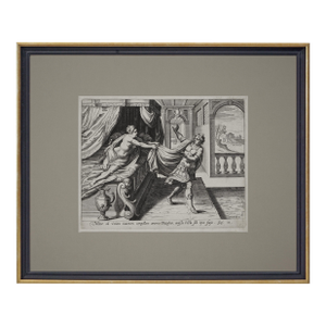 17th C Antique Flemish Engraving “Joseph and Potiphar’s Wife” Pieter De Jode Framed Wall Art