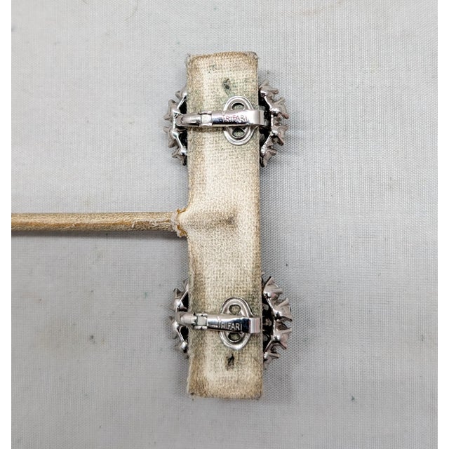 Metal Vintage 1950s Signed Crown Trifari Oval Faux-Pearl and Aurora Borealis Clip Earrings-2 Pieces For Sale - Image 7 of 7