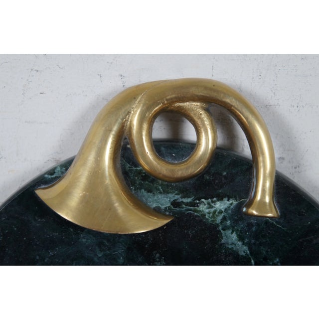 Mid 20th Century Vintage Green Marble Brass French Horn Cheese Plate Serving Tray For Sale - Image 5 of 12