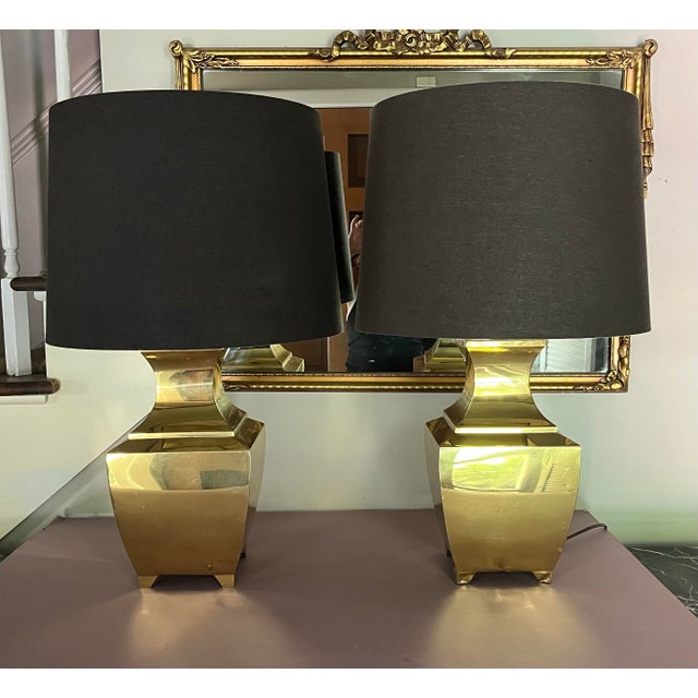 Metal Vintage 1970s Hollywood Regency Brass Urn Table Lamps With Black Shades - A Pair For Sale - Image 7 of 8