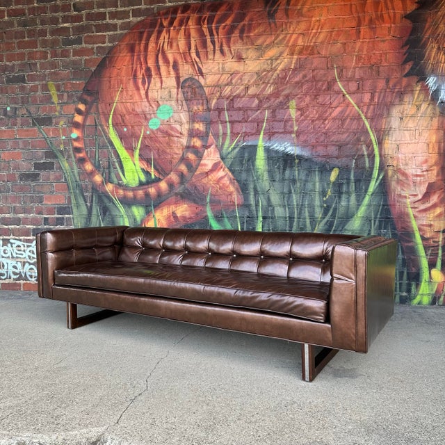 Postmodern Midcentury Modern Matallic Brown Tufted Vinyl Sofa Wood and Chrome Legs For Sale - Image 3 of 12
