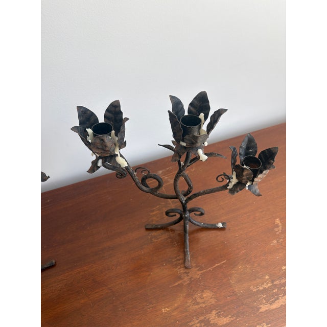 Mediterranean 1950s Pair of Wrought Iron Candle Holders For Sale - Image 3 of 9