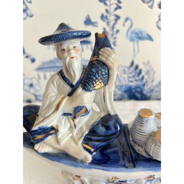Ceramic Vintage Blue & White Porcelain Chinese Fishermen in Boat For Sale - Image 7 of 11