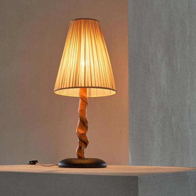 Tree Trunk Table Lamp in Acacia, Oak and Linen, 1950s For Sale - Image 4 of 11