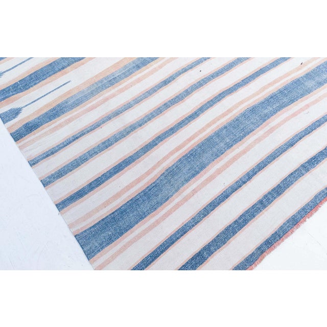Doris Leslie Blau Vintage Indian Dhurrie Striped Blue Beige Rug For Sale - Image 4 of 8