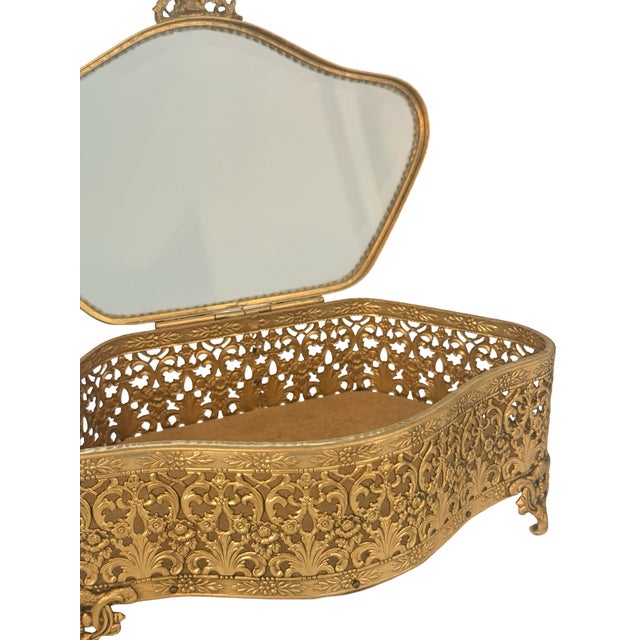 Large Antique Gilt Metal Jewelry Casket Beveled Glass Rococo Floral Box C1900 For Sale - Image 4 of 14