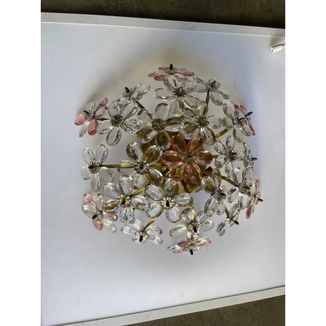 Italian Floral Flushmount Light The design features a cluster of delicate crystal glass flowers in soft pink and clear...