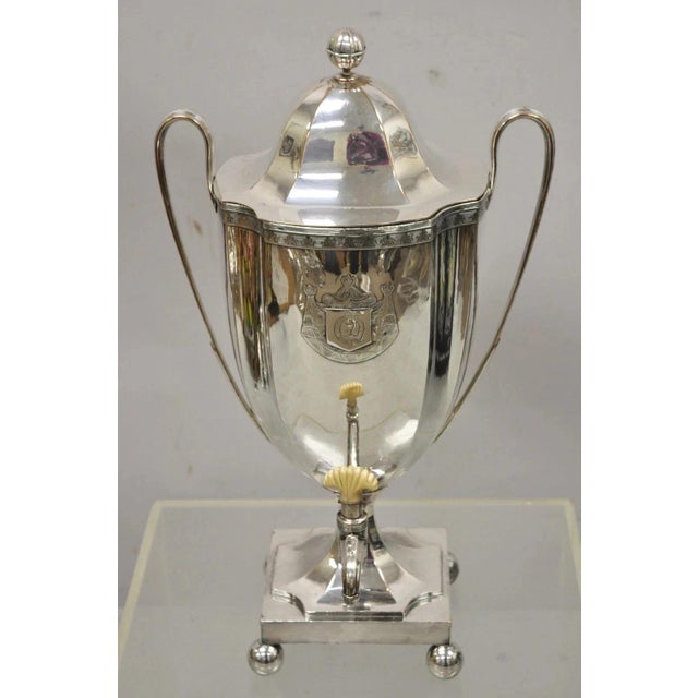 Antique English Regency Silver Plated Trophy Cup Urn Coffee Beverage Samovar. Item features drape, horse, and shield...