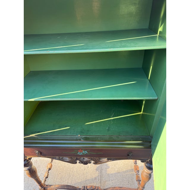Vintage Chinoiserie Green Lacquer Cabinet With Hand Painted Asian Scenes and Ornate Carved Base For Sale - Image 12 of 12