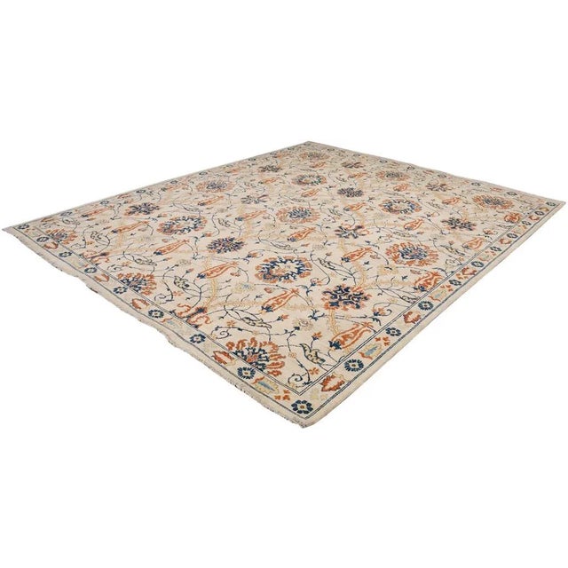 1990s Shabby Chic Kafkaz Peshawar Ivory/Blue Wool Rug - 9'1 X 10'8 For Sale In New York - Image 6 of 6