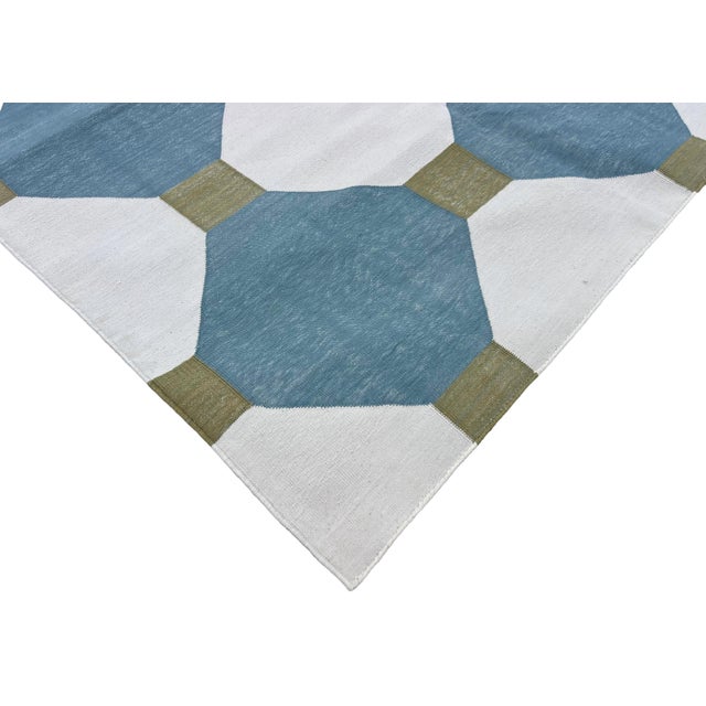 Handmade Cotton Flat Weave Area Rug, Teal Blue, Cream and Olive Green Tile Dhurrie - 8'x10' For Sale - Image 6 of 13