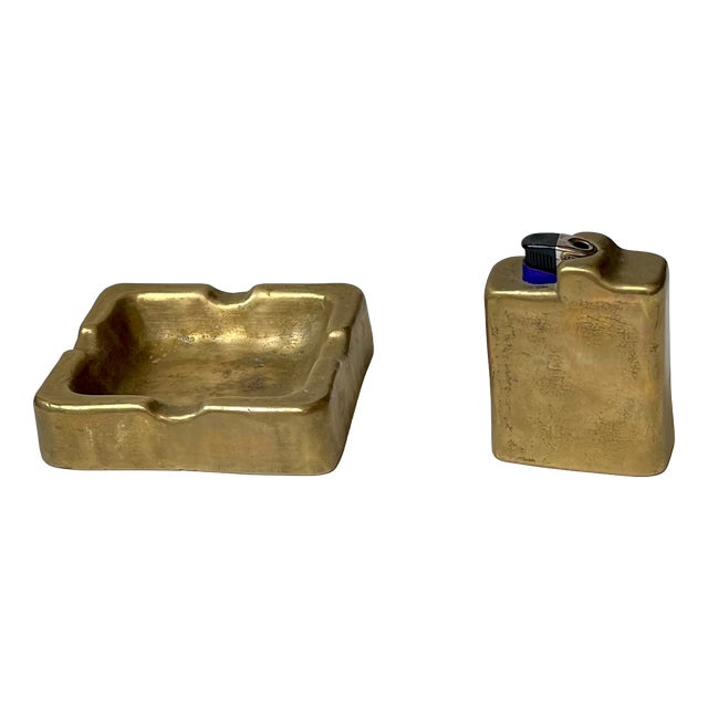 Vintage Brutalist Lauterbach Ashtray and Lighter Holder in Bronze, 1970s, Set of 2 For Sale