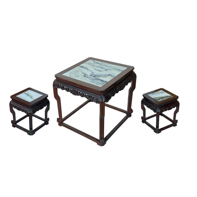 Wood Vintage Chinese Square Marble Top 2 Stools Tea Table Set For Sale - Image 7 of 10