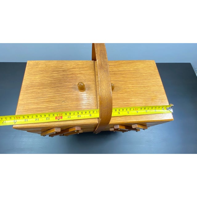 Wood Vintage Rustic Cantilever Sewing Box Retro Boho Old Desktop Sewing Box Old Cantilever Sewing Storage Old Sewing Storage Old Sewing Box. For Sale - Image 7 of 11