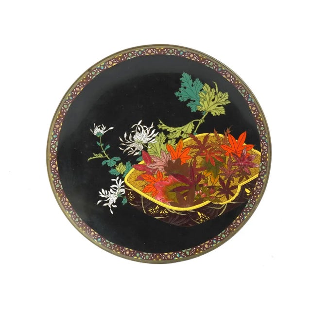 Late 19th Century Meiji Japanese Cloisonne Enamel Plate Autumn Leaves Chrysanthemum Flowers For Sale - Image 4 of 7