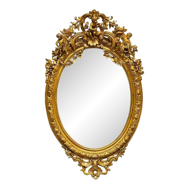 19th Century Gilt Wood Carved Wall or Console Mirror. Cherub, Floral Decorated For Sale