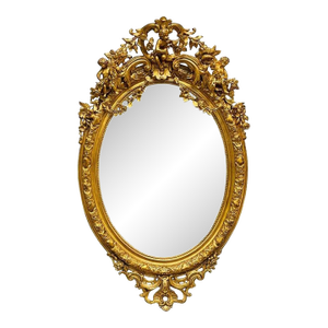 19th Century Gilt Wood Carved Wall or Console Mirror. Cherub, Floral Decorated