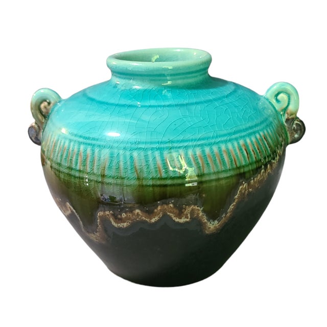 Robin's Egg Blue Vintage Studio Glazed Art Pottery Turquoise Blue Olive Green Vase Urn For Sale - Image 8 of 8