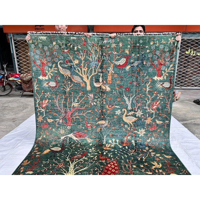 Green Afghan Pictorial Peacock & Bird Garden Hand-Knotted Wool Rug - 9'11" X 6'6" For Sale - Image 10 of 12