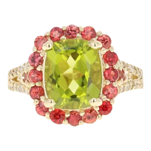 4.57 Carat Oval Cut Peridot Sapphire Diamond 14 Karat Yellow Gold Ring Size 7