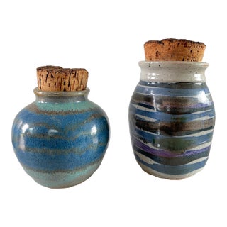 Vintage Studio Ceramic Jars With Cork Stoppers - Set of 2 For Sale