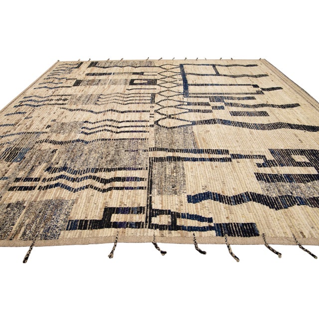 2020s Modern Boho Beige Moroccan Style Handmade Tribal Pattern Square Wool Rug For Sale - Image 5 of 10