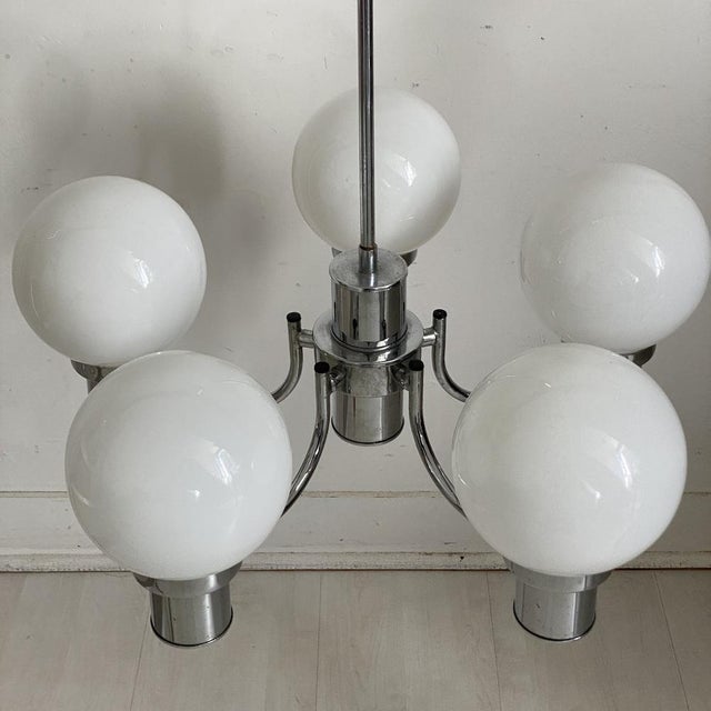 Vintage Chrome and White Glass Pendant Light, 1970s For Sale - Image 4 of 12