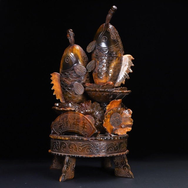 Late 20th Century Carved Horn Sculpture of Two Carp With Lotus - "Abundance" For Sale - Image 4 of 10