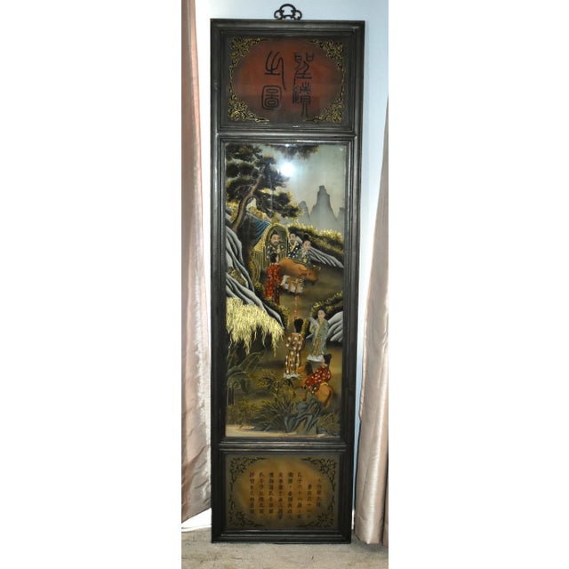 Glass Reverse Painted Wall Plaque on Glass Antique Asian Three Section Vertical For Sale - Image 7 of 12
