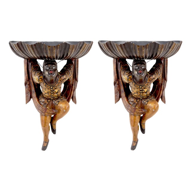 Pair of Wooden Hand Carved Figure Wall Brackets For Sale